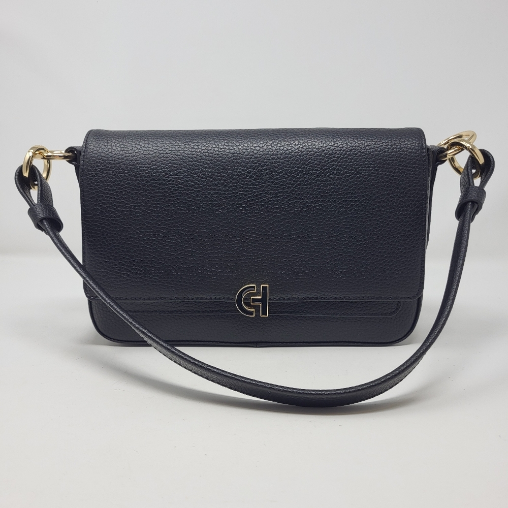 Cole Haan Grand Series Mini Shoulder Bag Peppled Leather Flap Black Gold Small